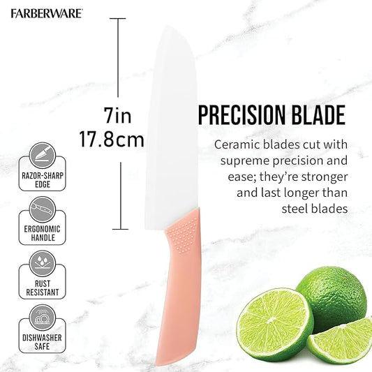 Ceramic Santoku Knife 7 Inch - High-Precision Blade for Meats, Fruits, and Vegetables - Durable with Protective Sheath - Pink