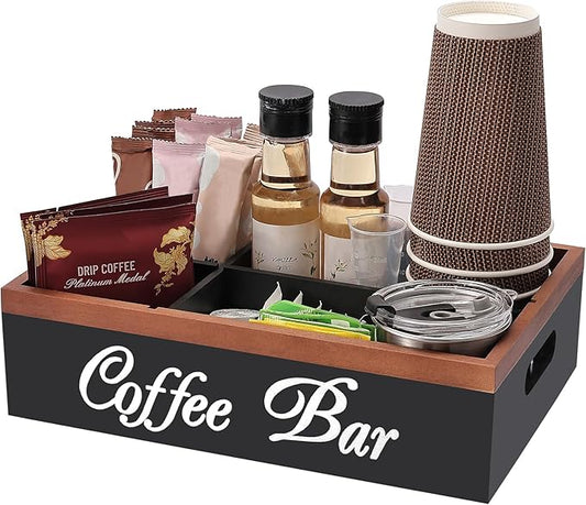 Wooden Coffee Organizer Holder with Divided Sections & Cutout Handle, Farmhouse Coffee Bar Organizer for Pods, Cups, Lids, Syrups, Stirrers & Accessories – Ideal Gift for Home or Office