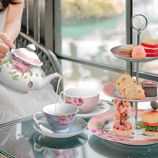 London Boutique Tea Cup and Saucer Set 2 Afternoon Tea Set New Bone China Vintage Flora Gift Box 200m (Blue)