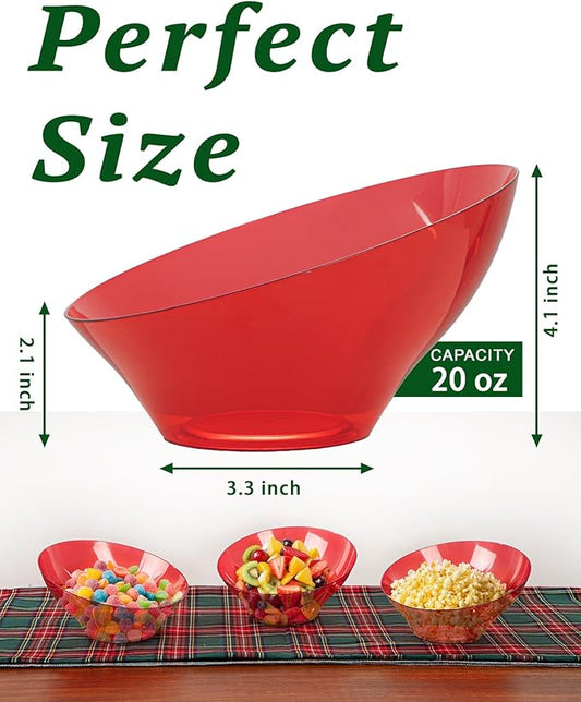 bUCLA 12 Pack Clear Red Plastic Serving Bowls - 20 OZ Christmas Angled Serving Bowls Disposable for Chip, Candy, Salad & Fruit - Ideal for X’mas Party