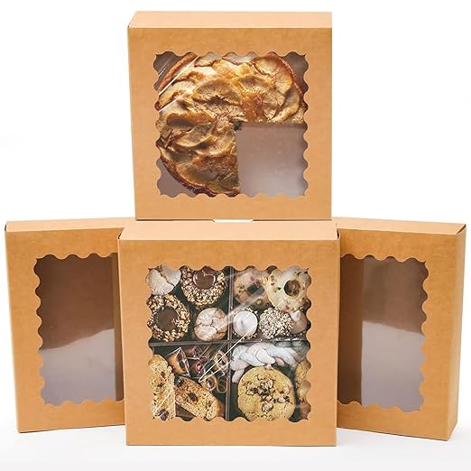 qiqee Auto-pop Up Brown Pie Boxes with Window 10x10x2.5 inch 20Packs Cookie Donut Bakery Box