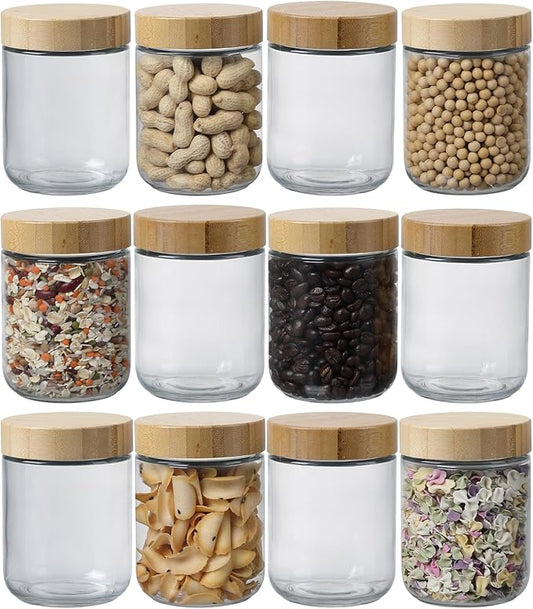 16 OZ Glass Mason Jars with Airtight Lids Wide Mouth Leakproof Pantry Organization Food-Grade Storage Containers for Honey,Salad,Yogurt and Snacks (Wooden Lid-12 Pack)