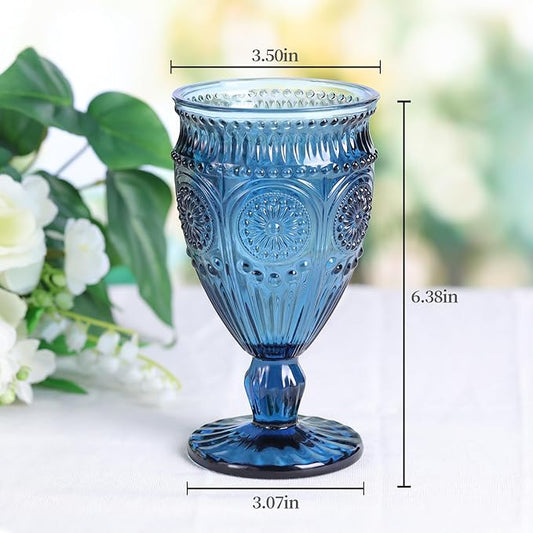 4Pcs Blue Wine Glasses, 12oz Glass Goblets, Vintage Drinking Glassware, Colored Glassware Set for Party Home Wedding Baby Shower