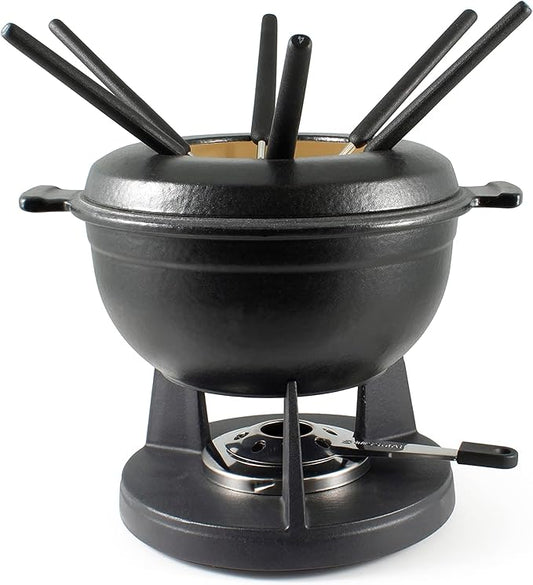 Swissmar Lucerne 10 Piece Cast Iron Fondue Set - Ideal for Melting Cheese, Chocolate, & Meat - Perfect for Kitchen Collection & Wedding Gift Giving - 2 Liter / 2 Quart - Matte Black