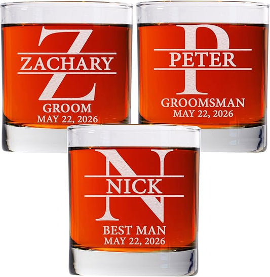 Set Of 3, Personalized Whiskey Glass For Groomsman Gifts, Best Man, Groom, 11oz Old Fashioned Custom Monogrammed Whiskey Glass