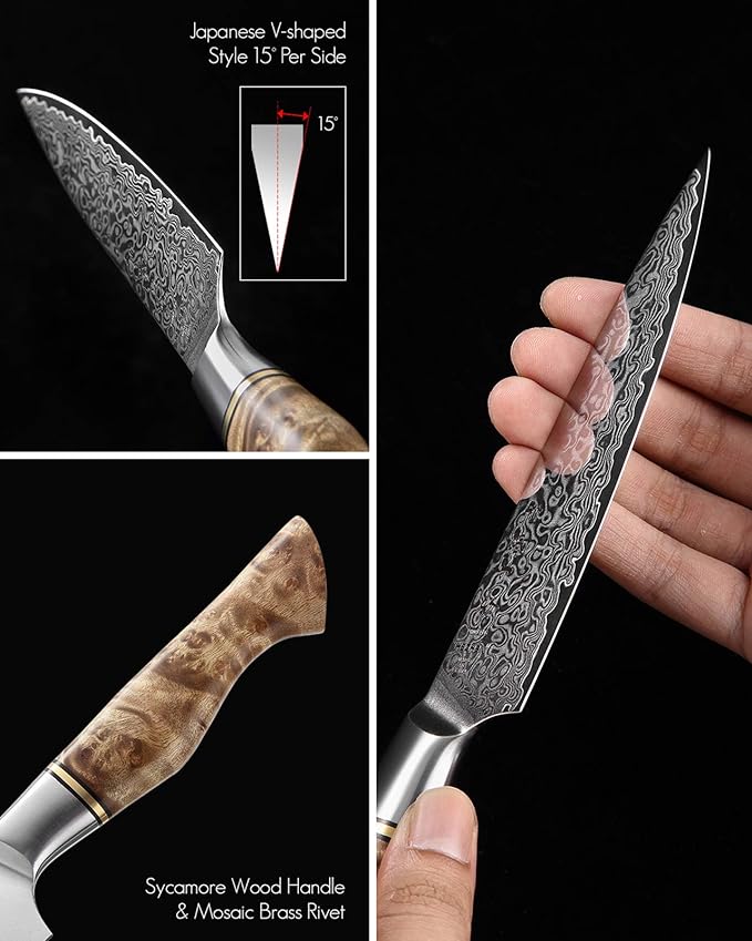 HEZHEN Damascus Kitchen Knives Set, Damascus Steel Japanese Style Chef Knife Utility Knife Santoku Knife,Figured Sycamore Wood Handle