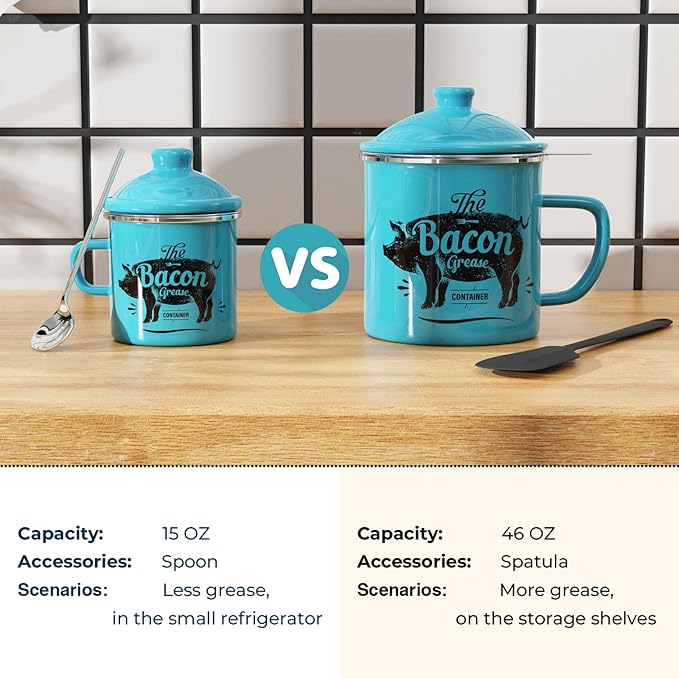 PGYARD Mini Bacon Grease Container With Strainer - 15OZ Enamel Grease Saver, Farmhouse Bacon Grease Keeper For Kitchen Fat Storage, Dishwasher Safe-Light Blue