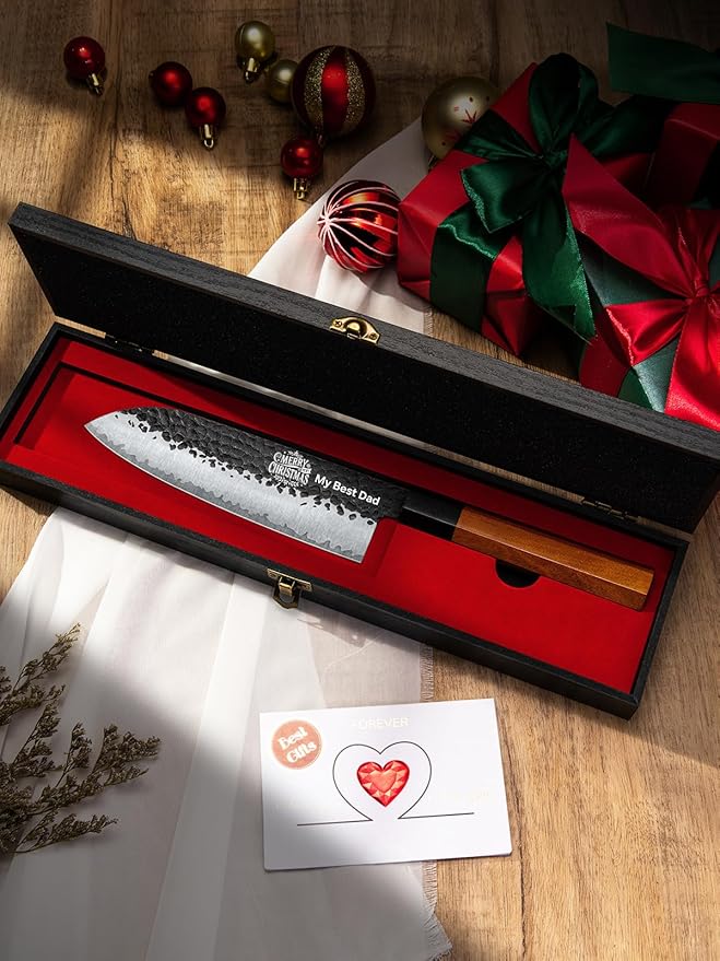 Professional 7" Japanese Santoku Knife, Handcrafted 5 Layers 9CR18MOV High Carbon Steel Kitchen chef Knife with Ergonomic Rosewood Handle and Luxury Sandalwood Box (Personalized Design)