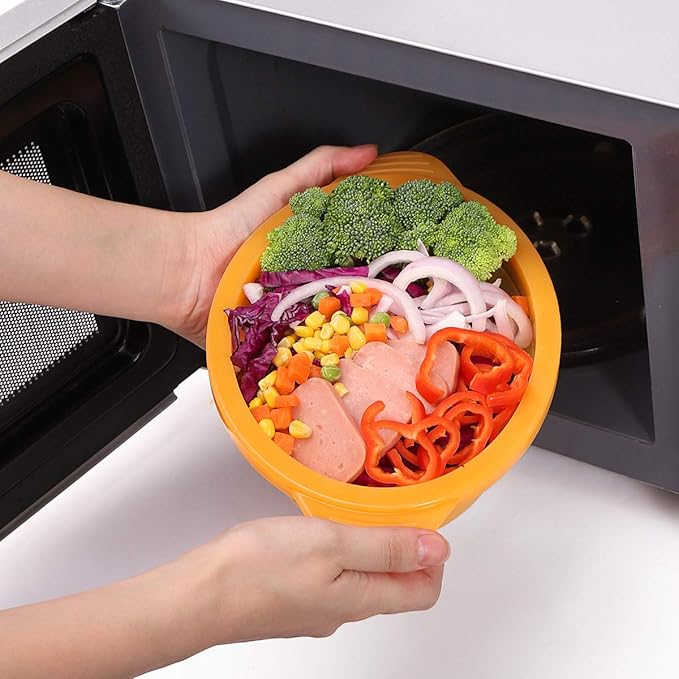 Microwave Steamer Cooker Collapsible Bowl-Silicone Steamer Cookware with Handle Lid for Vegetables Fish Prep Meal Food with Removable Rack BPA Free, Easy to Store, Freezer & Dishwasher Safe, Orange