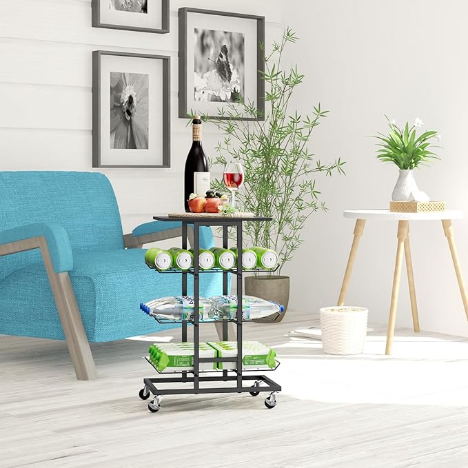 smusei Water Bottle Organizer 3 Tier Free Standing Storage Rack Mobile Beverage Snack Cart with Wheels, Bottled Water Rack for Floor Metal Drink Shelf Stand for Pantry Living Room