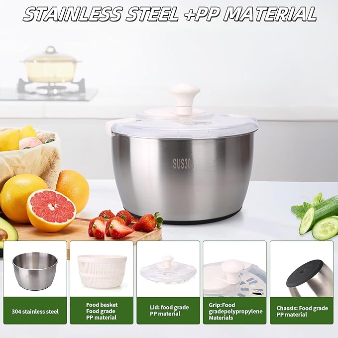 5.3QT Stainless Steel Salad Spinner - Large Capacity Vegetable & Fruit Washer Cleaner, Salad Dryer with Quick Spin & Drain Outlet, Multi-Use Colander