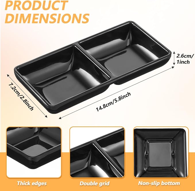Tobeelec 12 Pcs Dual Dipping Sauce Bowls Soy Sauce Dish Bowls Two Compartments Party Trays Divided Fondue Plates for Restaurant Kitchen Sushi Soy (Black)