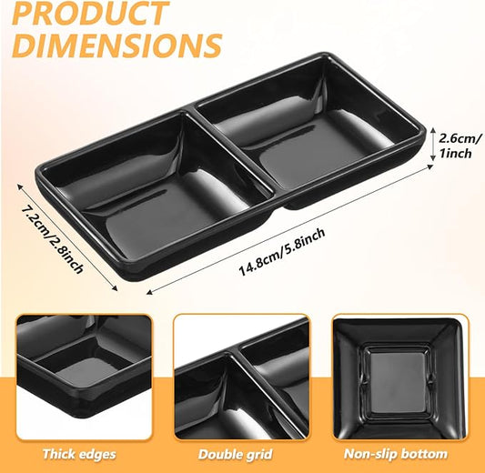 Tobeelec 12 Pcs Dual Dipping Sauce Bowls Soy Sauce Dish Bowls Two Compartments Party Trays Divided Fondue Plates for Restaurant Kitchen Sushi Soy (Black)