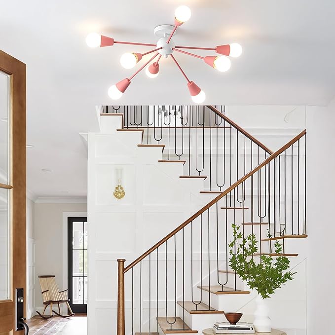 Pink Sputnik Chandelier Ceiling Light Fixture, 8-Lights Modern Sputnik Lights Fixture with E26 Base, Semi Flush Mount Ceiling Light for Bedroom Kitchen Dining Room Entryway