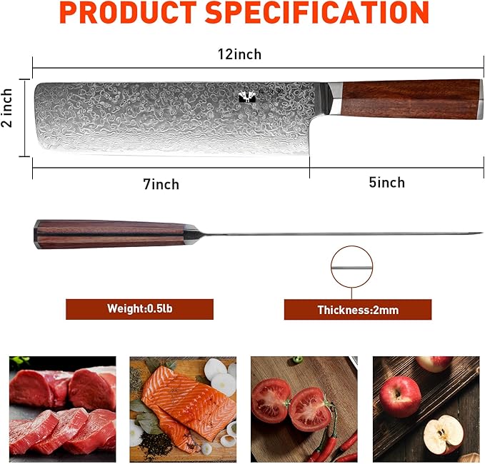 Nakiri Cleaver Knife 7 inch Damascus Steel Chinese Chef Knife VG-10 Steel 67-Layer Damascus Professional Vegetable Cleaver Chopper Full Tang Non-slip Natural Wood handle with Exquisite Box