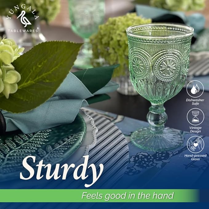 Yungala Green Wine Glasses set of 6 green goblets for lovers of green glassware or colored glassware that is dishwasher safe, sturdy and durable