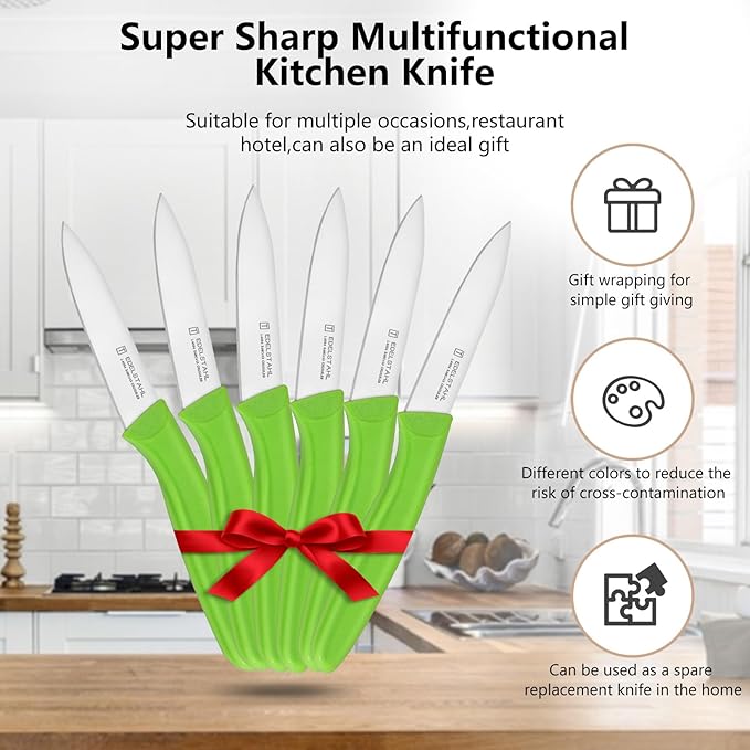 Premium Paring Knife, Stainless Steel Paring Knives Set of 6,Sharp Vegetable&Fruit Knife,Small Knife Set,Ergonomic Handle Paring Knives,Straight Edge Peeling Knifes,Green&Dishwasher Safe