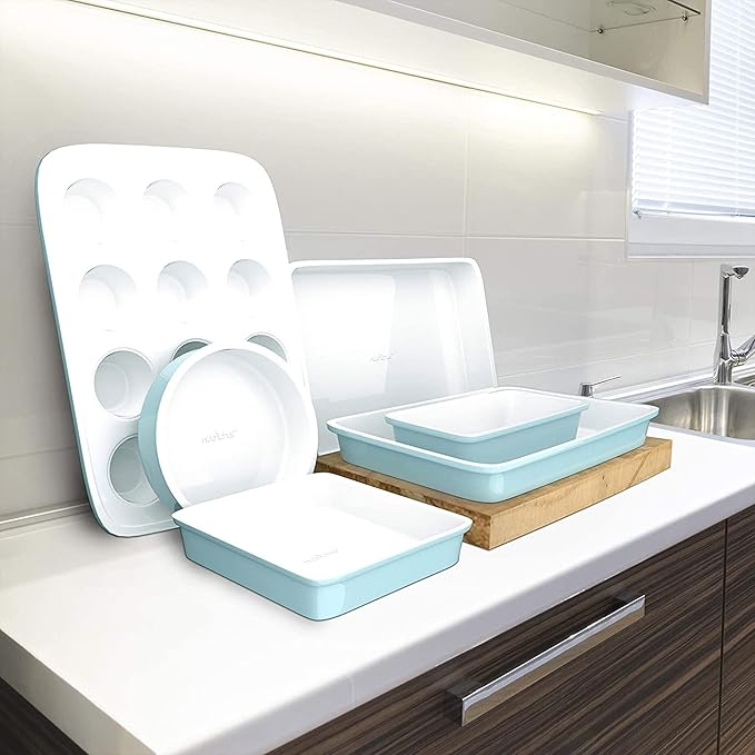 NutriChef 6-Piece Baking Pan Set, Carbon Steel Bakeware with Premium Ceramic Nonstick Coating, Includes 12-Cup Muffin Pan, Cake & Loaf Pan, Wide Bake Pan, & Cookie Sheet - Turquoise