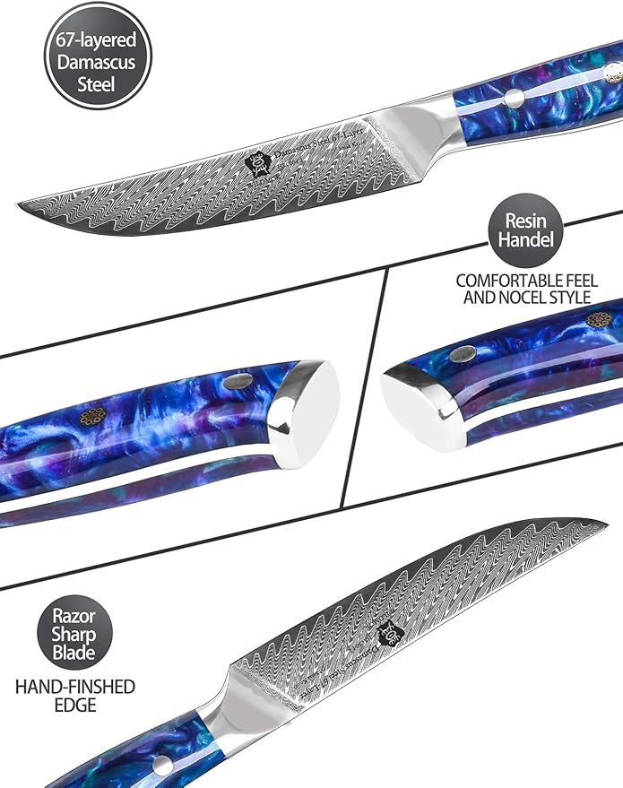 WILDMOK Steak Knives, 5 inch Non Serrated Steak Knife Set of 4, Japanese Damascus VG10 Steel Steak Knives,Premium Steak Knives Set with Gift Box