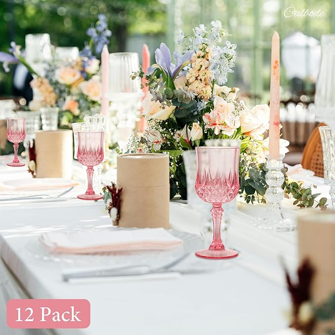 Pink Plastic Wine Glasses 7oz – 12 Pcs Unbreakable Pink Plastic Goblets for Parties Reusable & Dishwasher-Safe for Weddings, Bars, and Every Celebration