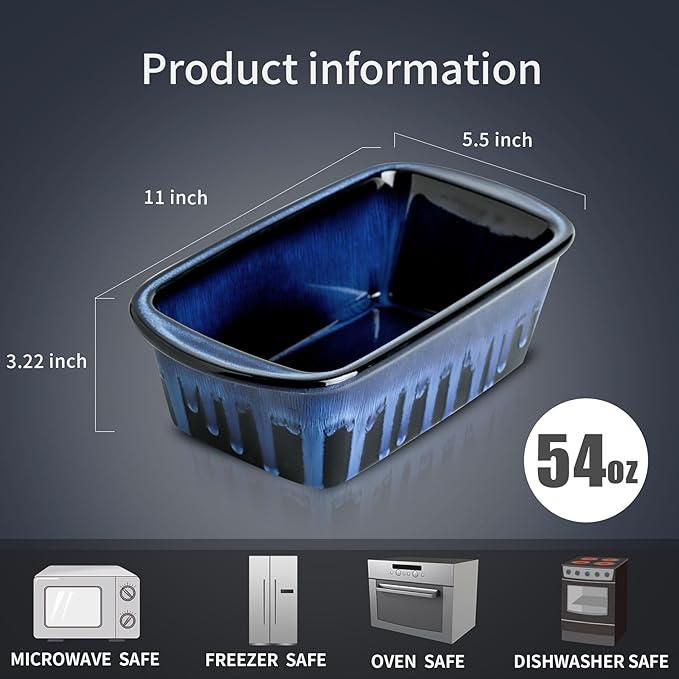 Ceramic Loaf Pan for Baking, 9 x 5 Inch Rectangular Bread Pan, Bakeware for Cooking, Home Kitchen (Nebula Blue, Reactive Glaze)