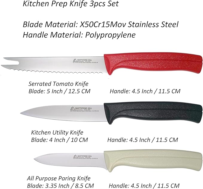 Paring Knife Set, MATTSTONE HILL Kitchen Prep Knife Set - Serrated Tomato Knife, Kitchen Utility Knife, Paring Knife, German Steel, Red Black White