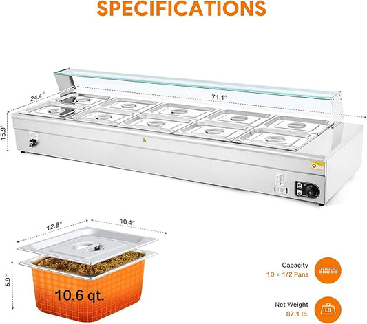 WILPREP Commercial Food Warmer with Ten 1/2 Pans, Electric Warmer for Food with Sneeze Guards Adjustable Temp. & Auto Shutoff, Stainless Steel Food Heating Unit for Buffet Food Truck Hotel Catering