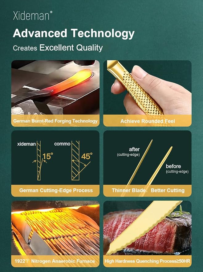 16-Piece Luxury Gold Hammered Silverware Set with Ultra Sharp 2-IN-1 Serrated Knife, 18/10 Stainless Steel Flatware Set, Tableware Cutlery Set for 4, Forks Spoons Knives Set