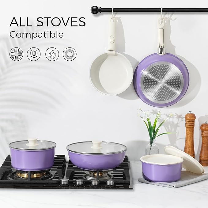 15Pcs Pots and Pans Set Non Stick, Cookware Sets with Detachable Handle, Nonstick RV Kitchen Cooking Tools Removable Handles, Oven Safe, Induction Fast, Stackable Induction Cookware, Purple