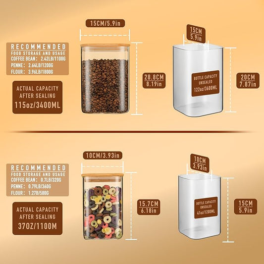 122oz 41oz Airtight Glass Square Storage Canister with Bamboo Lid Set of 2(3600ml*1 1200ml*1) Large Storage Container Gallon Glass Jars, for Sugar, Flour, and Coffee bean (with Black Lable)