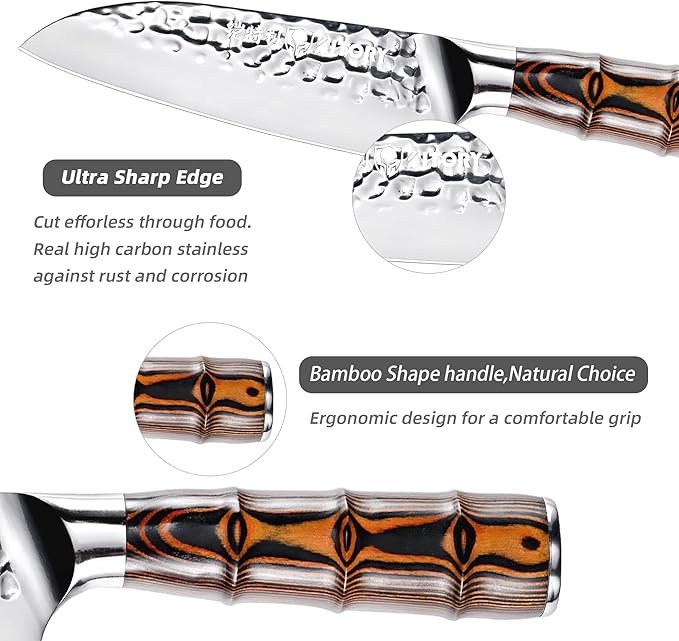 5.5" Santoku Knife, Pro Chefs Kitchen Knives, HC Stainless Steel, Hammered Ultra Sharp Blade, Bamboo Shape Handle Cooking Cutlery 2025 Gifts for Home & Restaurant