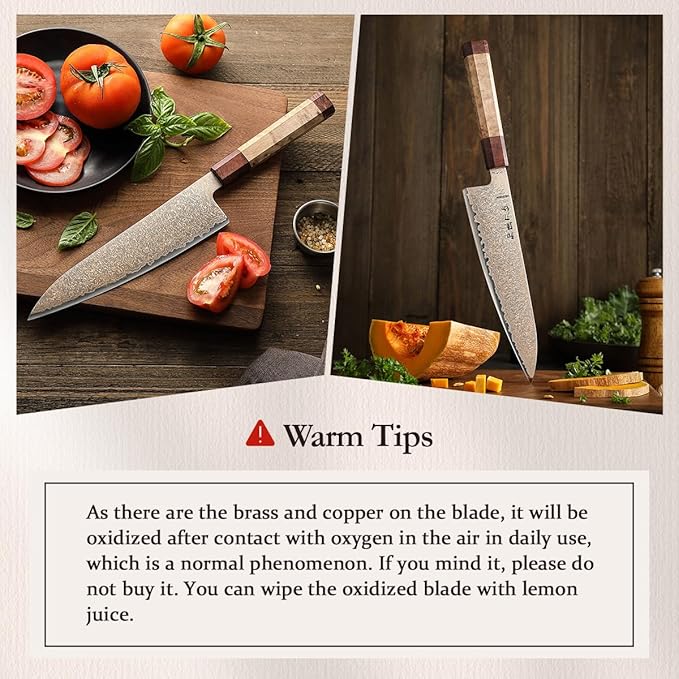 HEZHEN Tricolor Copper Damascus Chef Knife,8.3 Inch Japanese Damascus Knife, 37 Layers Damascus Steel Chef Knife-Razor Sharp,Sycamore Wood Handle