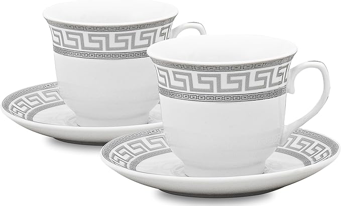Porcelain Tea Cup and Saucer Set - 4 Piece White with Silver Greek Key Design - 5.5 inch Saucers, 6.5 oz Cups - For Tea Parties, Cappuccino, Decor - Chip Resistant (Meander Silver 3004, 4 Piece)