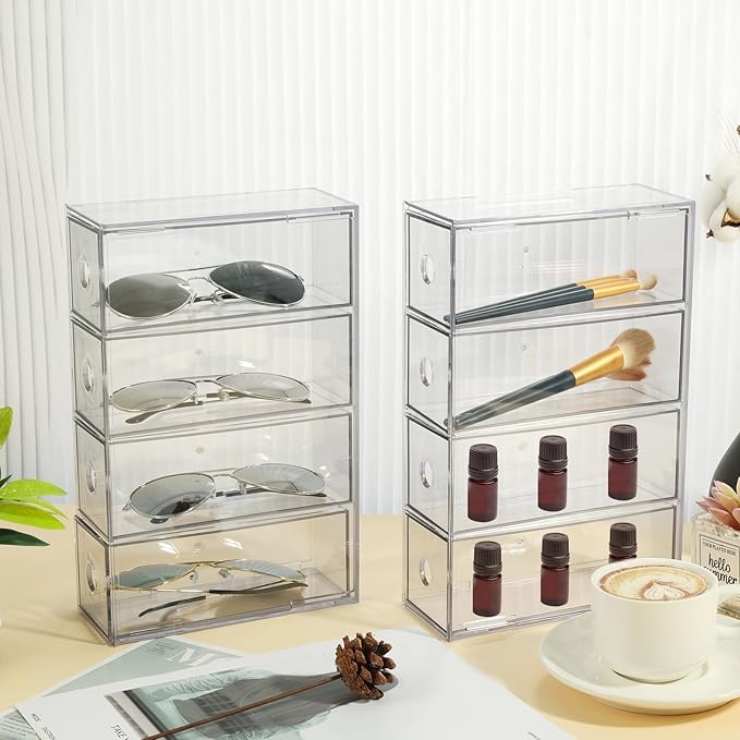 Rainmae 2 Pieces Acrylic Sunglass Organizer, Clear Eyeglasses Case with 4 Drawers for Women Stackable Eyewear Storage Display Case Clear Eyeglass Holder Multiple Pair for Glasses Jewelry Watch Storage