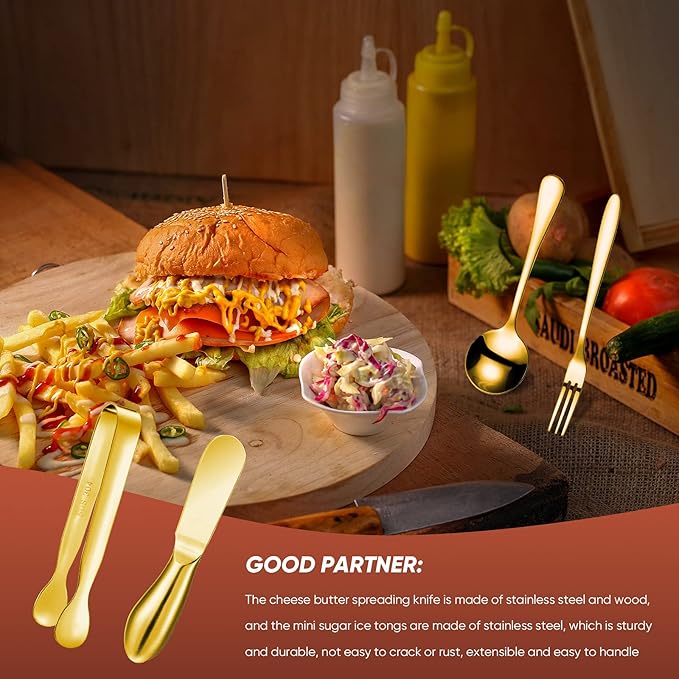 14 Pieces Charcuterie Board Accessories Cheese Spreader Knives Set Stainless Steel Charcuterie Utensils Spreader Knives Mini Serving Tongs Spoons and Forks for Cheese and Pastry Making (Gold)