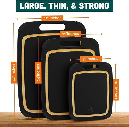 Earth’s Dreams Wood Cutting Board Set 3-Piece: Small, Large & Extra Large - Charcuterie Board, Non-Plastic, Non-Toxic, Heavy-Duty, Dishwasher Safe (Black/Tan)