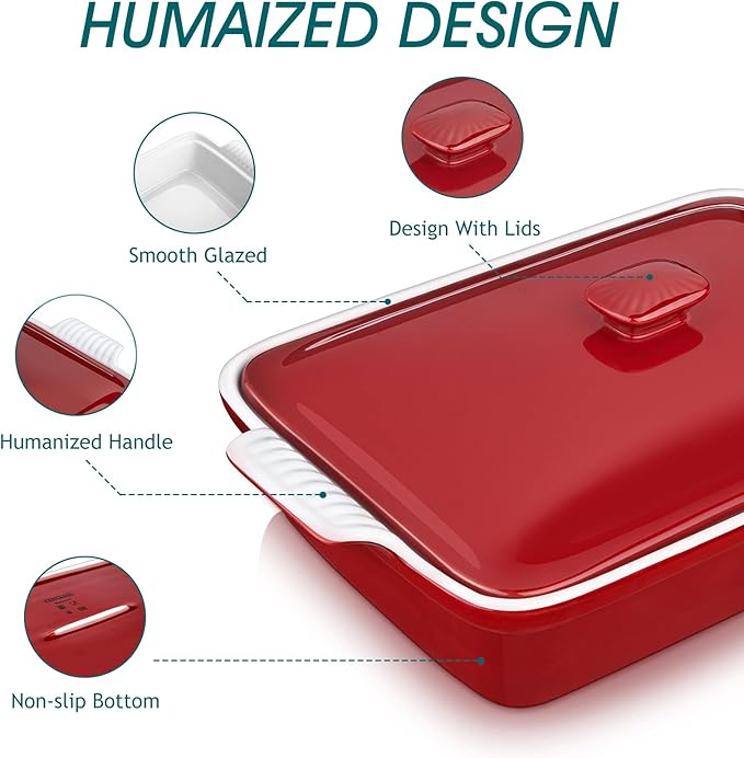 vancasso Blossom Casserole Dish With Lid, 12x7 Lasagna Pan Deep with Lid, 1.9 Quart baking dish with lid Ceramic Casserole Dish Set, Oven, Microwave Safe, Red