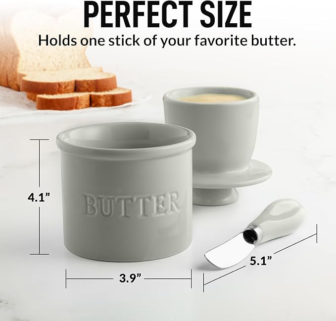 Zulay Kitchen Butter Crock With Lid & Spreader Knife for Countertop - Ceramic French Butter Dish Keeper For Fresh & Spreadable Butter - Light Gray