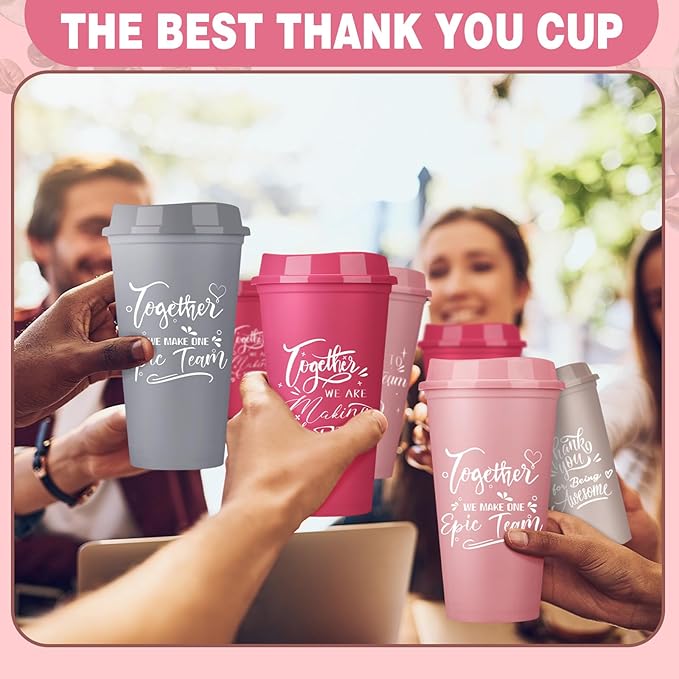 Pickmesh 15 Pcs Employee Appreciation Gifts Christmas Thank You Gift for Team Building 16 oz Teacher Plastic Coffee Cup with Lid Inspirational Travel Tumbler for Coworker Staff Pastor (Pink)