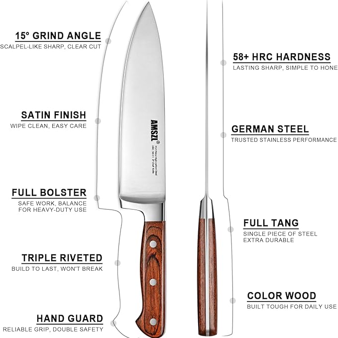 Classic 8-inch Chef Knife, Ultra-sharp Precision Cutting for Vegetables and Meat, Professional 7Cr17MoV Steel Core & Red Pakkawood Handles, German Design for Kitchen and restaurant with Gift Box