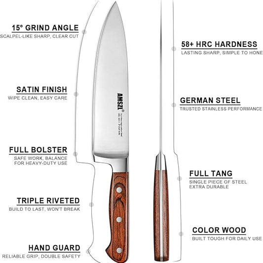 Classic 8-inch Chef Knife, Ultra-sharp Precision Cutting for Vegetables and Meat, Professional 7Cr17MoV Steel Core & Red Pakkawood Handles, German Design for Kitchen and restaurant with Gift Box