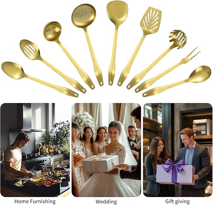 304 Stainless Steel Kitchen Utensil Set - 9pcs Cooking Utensils, Metal Kitchen Utensil Spatula Sets Cookware,High temperature resistance Kitchen Tool Set for Hanging Dishwasher Safe(Gold)