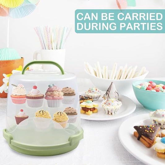 Cake Carrier Round Cake Stand Plus Height Cake Container with Cupcakes Pad, Handle, Lid Reusable Package Box for Transporting Desserts,Pie,Toast,Fruit (10"White)