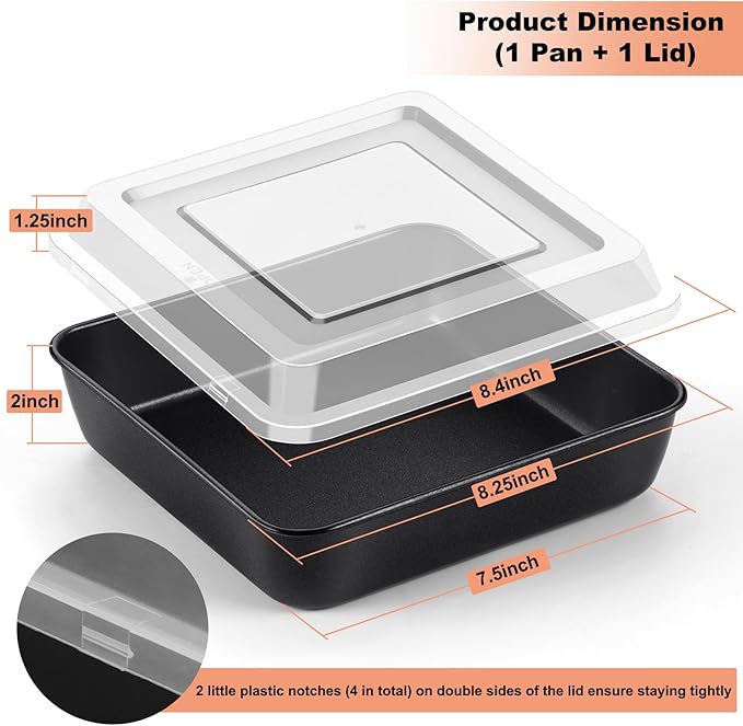 TeamFar 8 Inch Cake Pan, Square Cake Baking Tin & Lid Set, Stainless Steel Core & Nonstick Coating, for Baking Roasting Serving, Healthy & Sturdy, Easy to Release & Clean (2 Pans + 2 Lids)