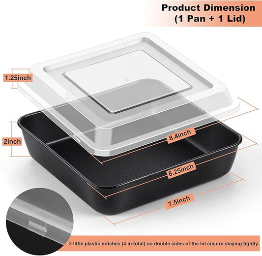 TeamFar 8 Inch Cake Pan, Square Cake Baking Tin & Lid Set, Stainless Steel Core & Nonstick Coating, for Baking Roasting Serving, Healthy & Sturdy, Easy to Release & Clean (2 Pans + 2 Lids)