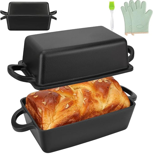 Cast Iron Loaf Pan with Lid | 9×5 Inch Bread Baking Pan | Even Heat Distribution for Perfect Homemade Bread, Cake, Meatloaf | Durable 2 Piece Set for Baking Enthusiasts Black