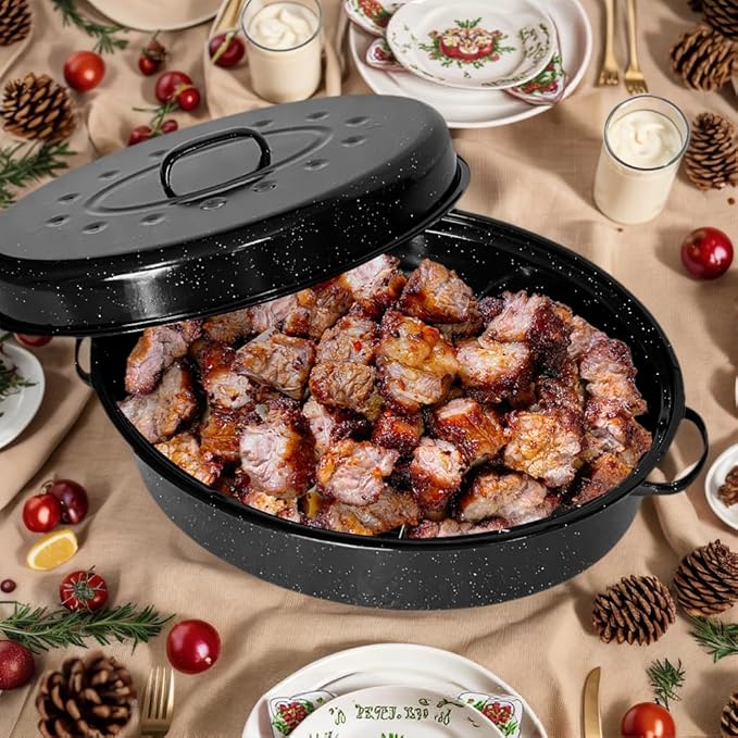 Enamel Roasting Pan With Lid and Rack 13" 18"Granite Roaster Pans Set With Rack Suitable Cooking Poultry Baking Turkey Bread Beef Resists Up to 932°F,Dishwasher Safe,Holiday Gifts CookWare