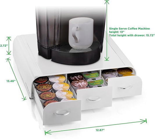 Mind Reader Single Serve Coffee Pod Organizer with 3 Drawers, 36 Pod Capacity, Countertop, 12.25"L x 13.5"W x 2.5"H, White (Pack of 8)