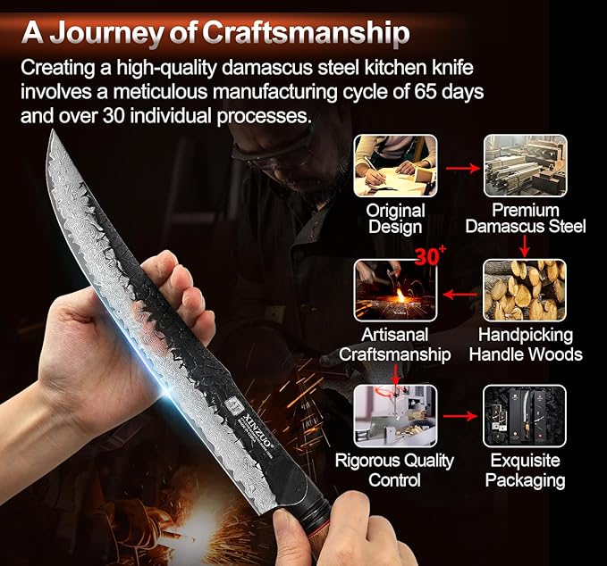 XINZUO 10 Inch Brisket Carving Knife,67-Layer Damascus Steel,Razor Sharp Curved Butcher Breaking Knives For Meat Cutting With White Oak + Red G10 Gasket Handle