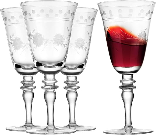 Royalrose Premium Delight Wine Glasses Set of 4, 14.2 oz – Hand-Blown with Etched Long Stem, Classic Glassware for Weddings, Dinners, and Holiday Gifting (Vintage Wine Glasses)